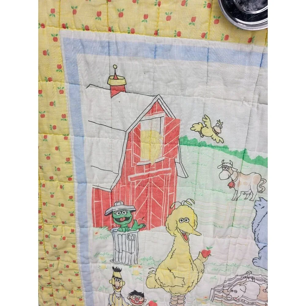 Vintage Sesame Street Baby Quilt 42x32 Handmade Farm Theme Yellow Floral Backing